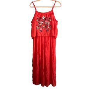 J GEE Embroidered Boho Wide-Leg Cropped Jumpsuit Poppy Coral - Sz Small - NWT